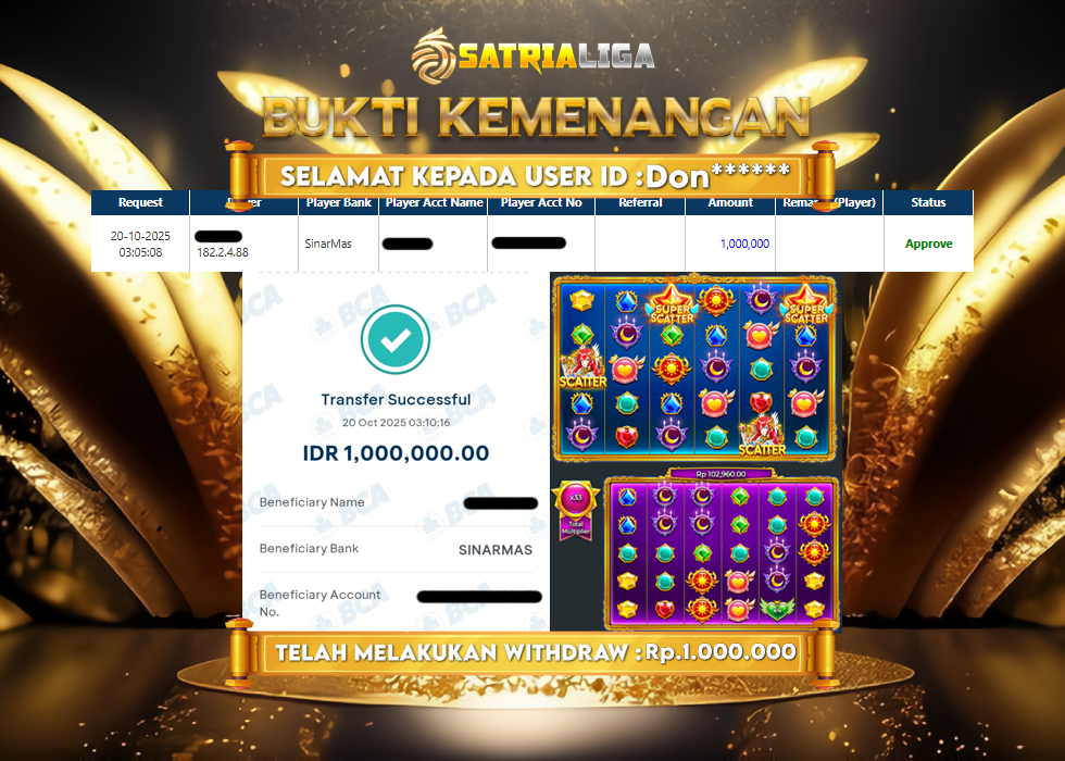 BUKTI KEMENANGAN MEMBER SATRIALIGA Rp 1.000.000