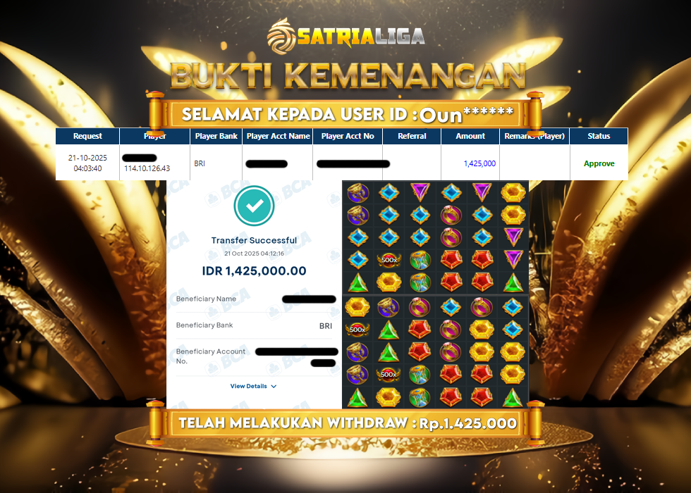 BUKTI KEMENANGAN MEMBER SATRIALIGA Rp 1.425.000