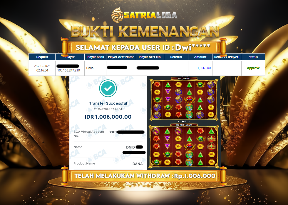 BUKTI KEMENANGAN MEMBER SATRIALIGA Rp 1.006.000