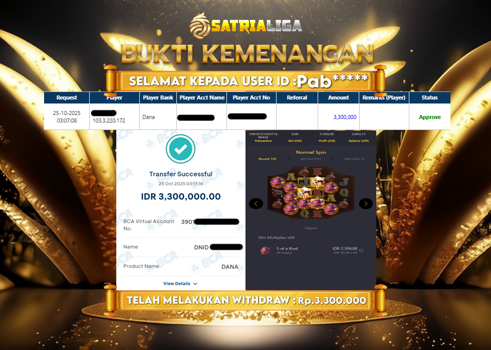 BUKTI KEMENANGAN MEMBER SATRIALIGA Rp 3.300.000