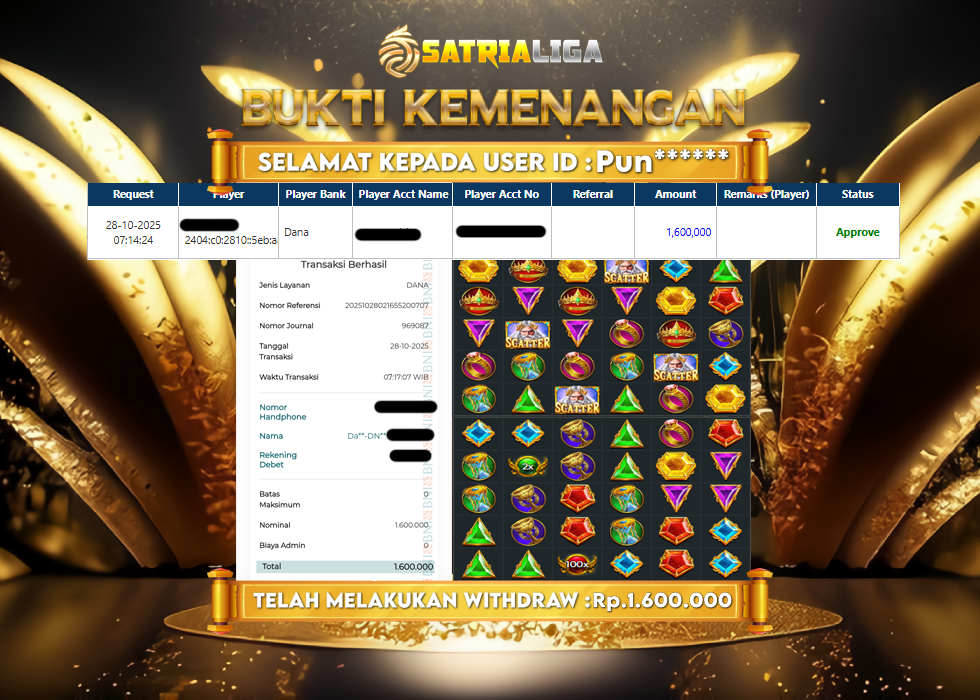 BUKTI KEMENANGAN MEMBER SATRIALIGA Rp 1.600.000