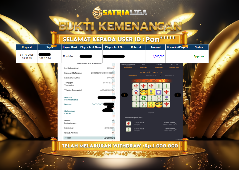 BUKTI KEMENANGAN MEMBER SATRIALIGA Rp 1.000.000