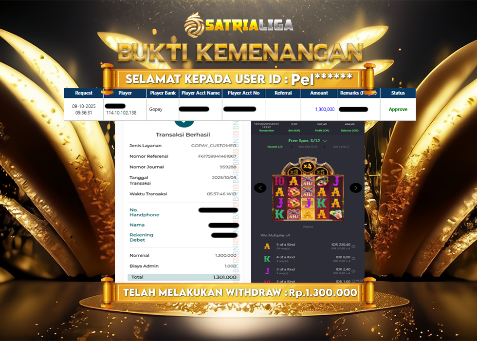 BUKTI KEMENANGAN MEMBER SATRIALIGA Rp 1.300.000
