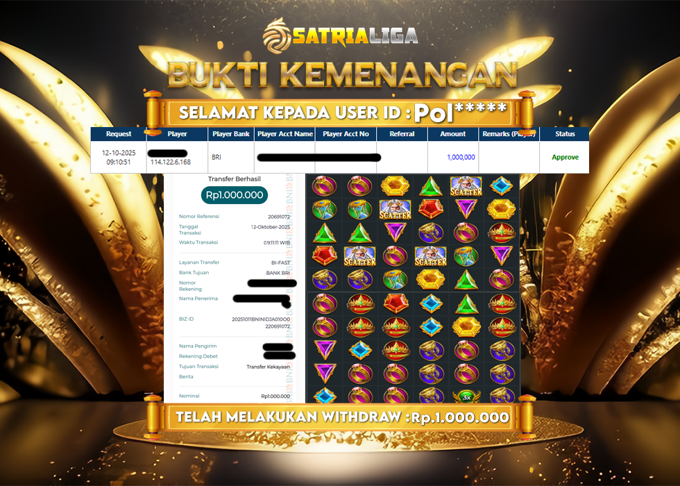 BUKTI KEMENANGAN MEMBER SATRIALIGA Rp 1.000.000