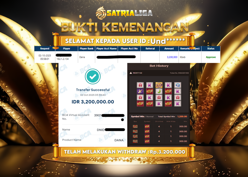 BUKTI KEMENANGAN MEMBER SATRIALIGA Rp 3.200.000