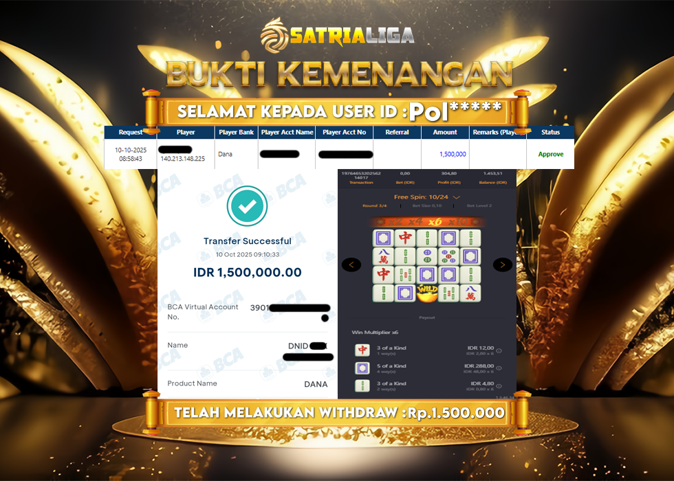 BUKTI KEMENANGAN MEMBER SATRIALIGA Rp 1.500.000