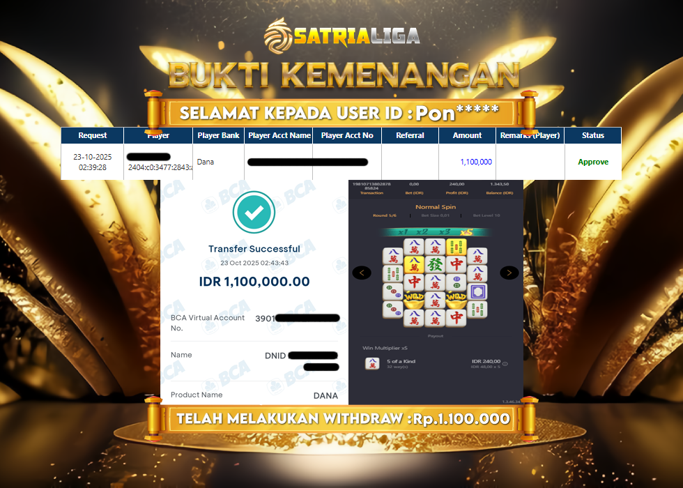 BUKTI KEMENANGAN MEMBER SATRIALIGA Rp 1.100.000