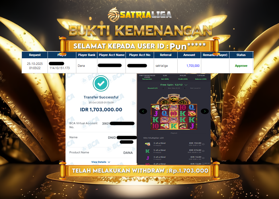 BUKTI KEMENANGAN MEMBER SATRIALIGA Rp 1.703.000