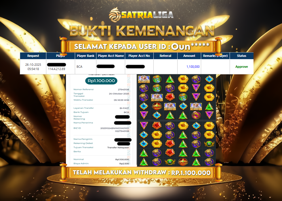 BUKTI KEMENANGAN MEMBER SATRIALIGA Rp 1.100.000