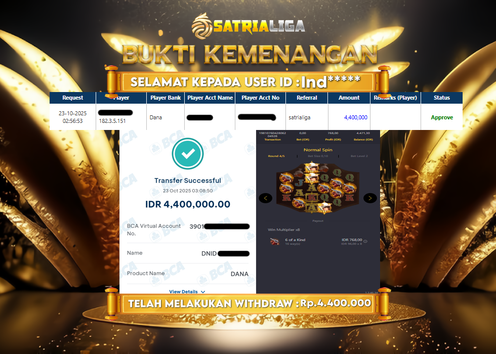 BUKTI KEMENANGAN MEMBER SATRIALIGA Rp 4.400.000
