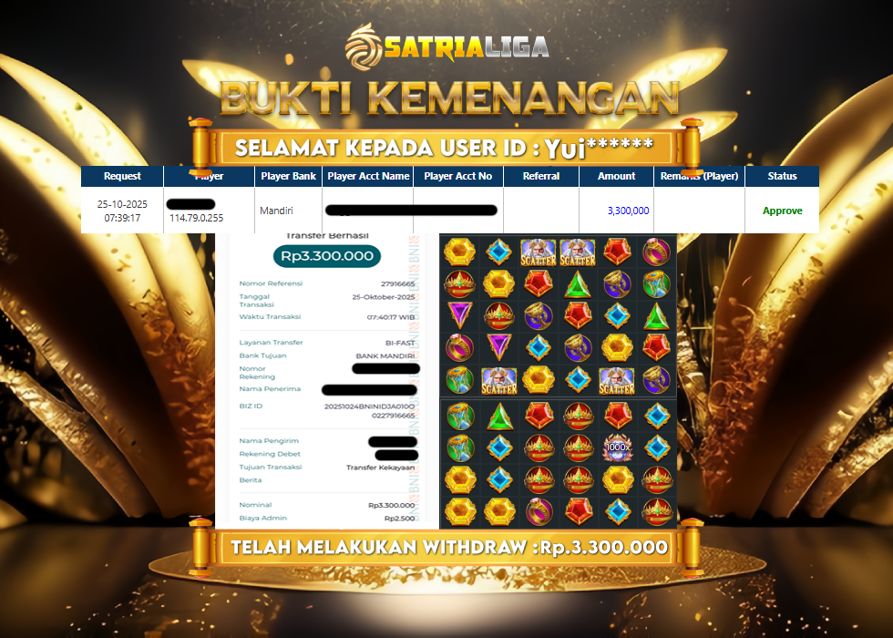 BUKTI KEMENANGAN MEMBER SATRIALIGA Rp 3.300.000