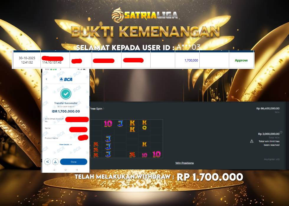 BUKTI KEMENANGAN MEMBER SATRIALIGA Rp 1.700.000