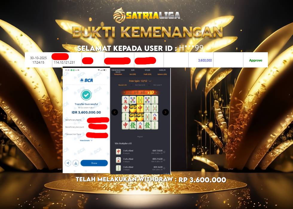 BUKTI KEMENANGAN MEMBER SATRIALIGA Rp 3.600.000