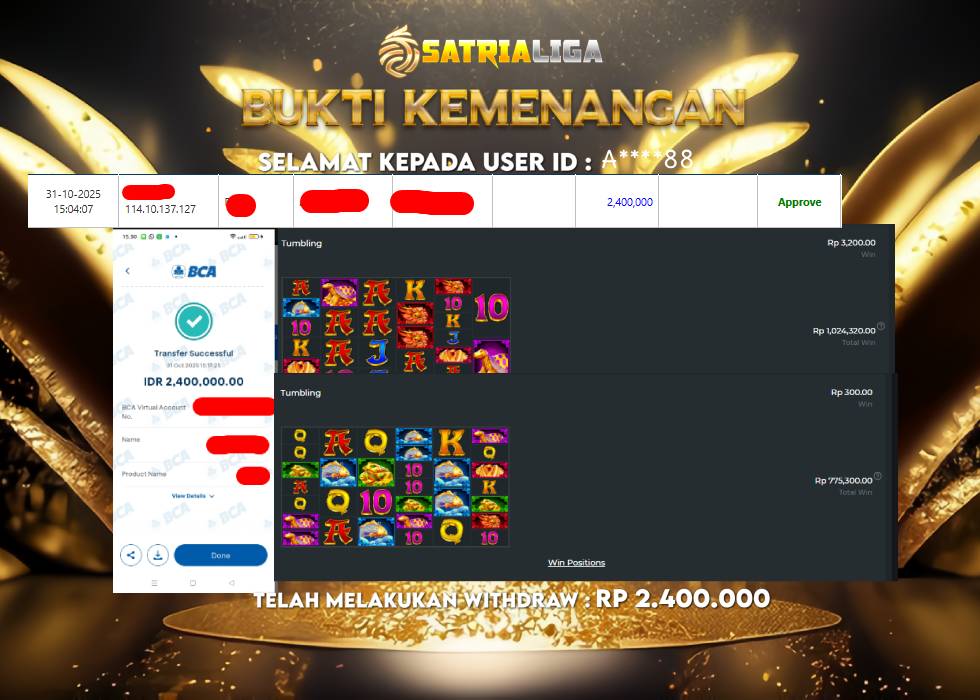 BUKTI KEMENANGAN MEMBER SATRIALIGA Rp 2.400.000