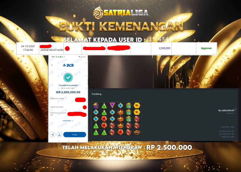 BUKTI KEMENANGAN MEMBER SATRIALIGA Rp 2.500.000