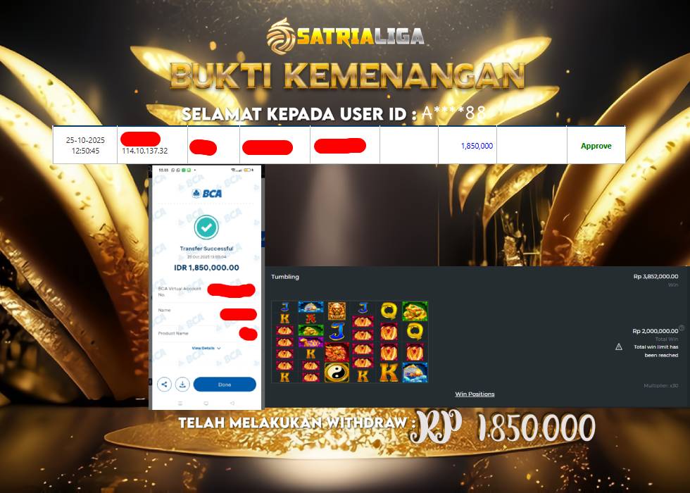 BUKTI KEMENANGAN MEMBER SATRIALIGA Rp 1.850.000