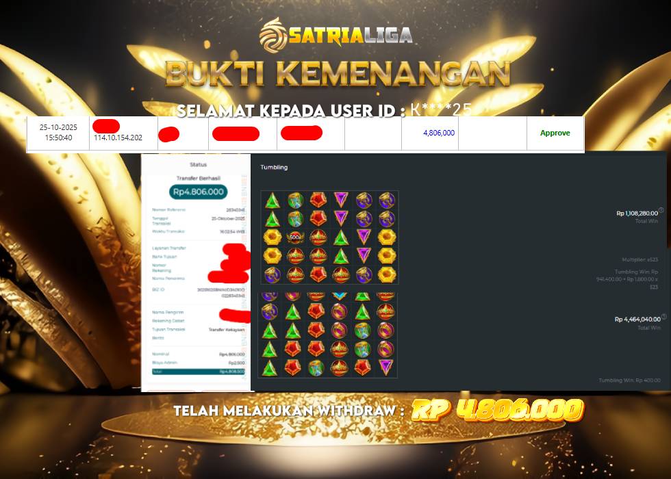 BUKTI KEMENANGAN MEMBER SATRIALIGA Rp 4.806.000