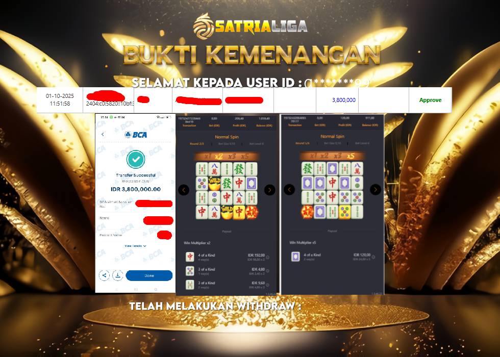 BUKTI KEMENANGAN MEMBER SATRIALIGA Rp 3.800.000