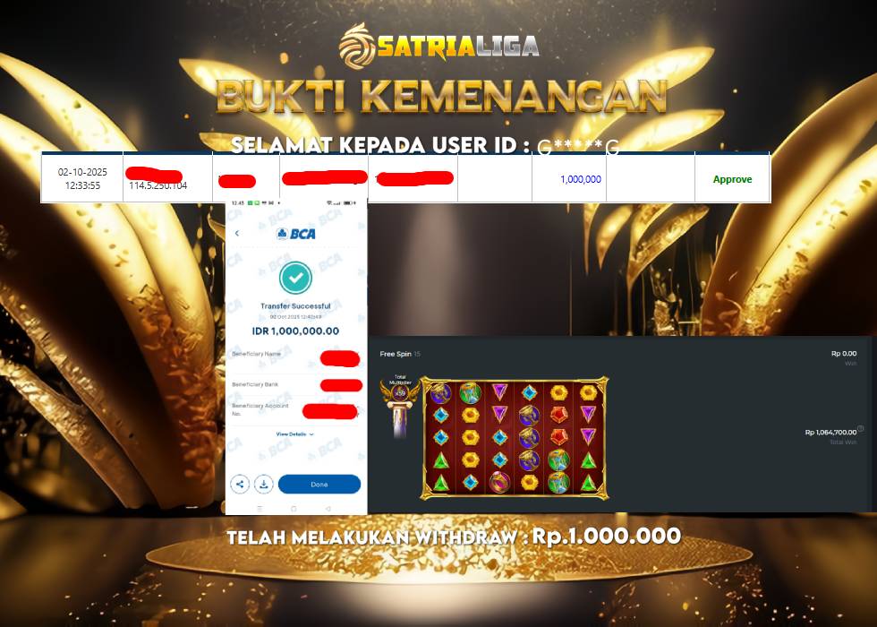 BUKTI KEMENANGAN MEMBER SATRIALIGA Rp 1.000.000