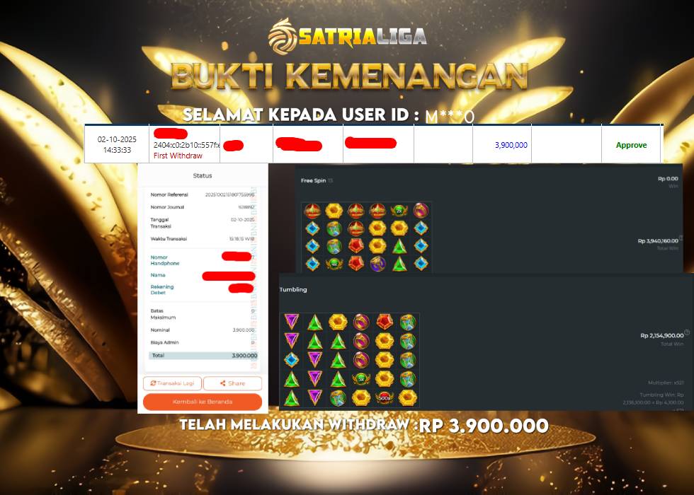 BUKTI KEMENANGAN MEMBER SATRIALIGA Rp 3.900.000