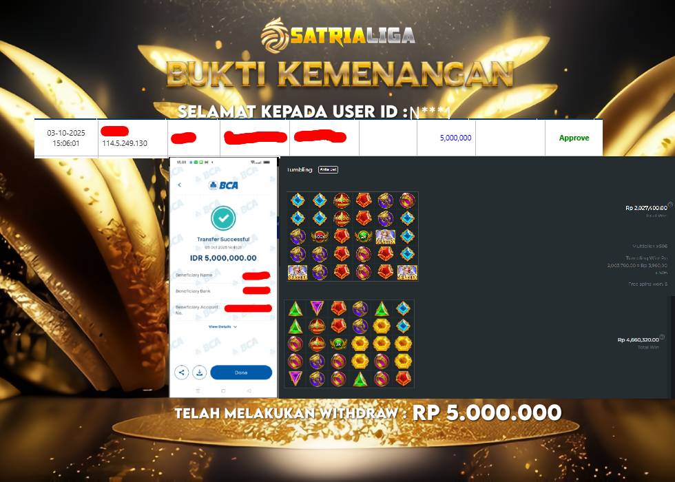 BUKTI KEMENANGAN MEMBER SATRIALIGA Rp 5.000.000