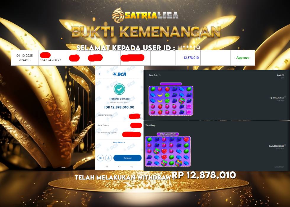BUKTI KEMENANGAN MEMBER SATRIALIGA Rp 12.878.010