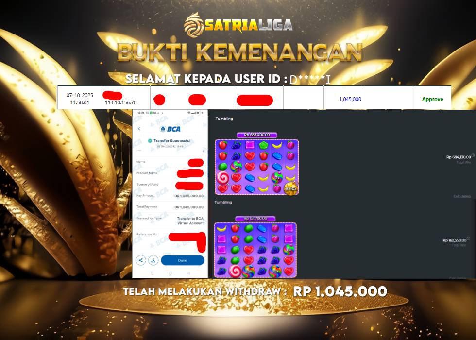 BUKTI KEMENANGAN MEMBER SATRIALIGA Rp 1.045.000