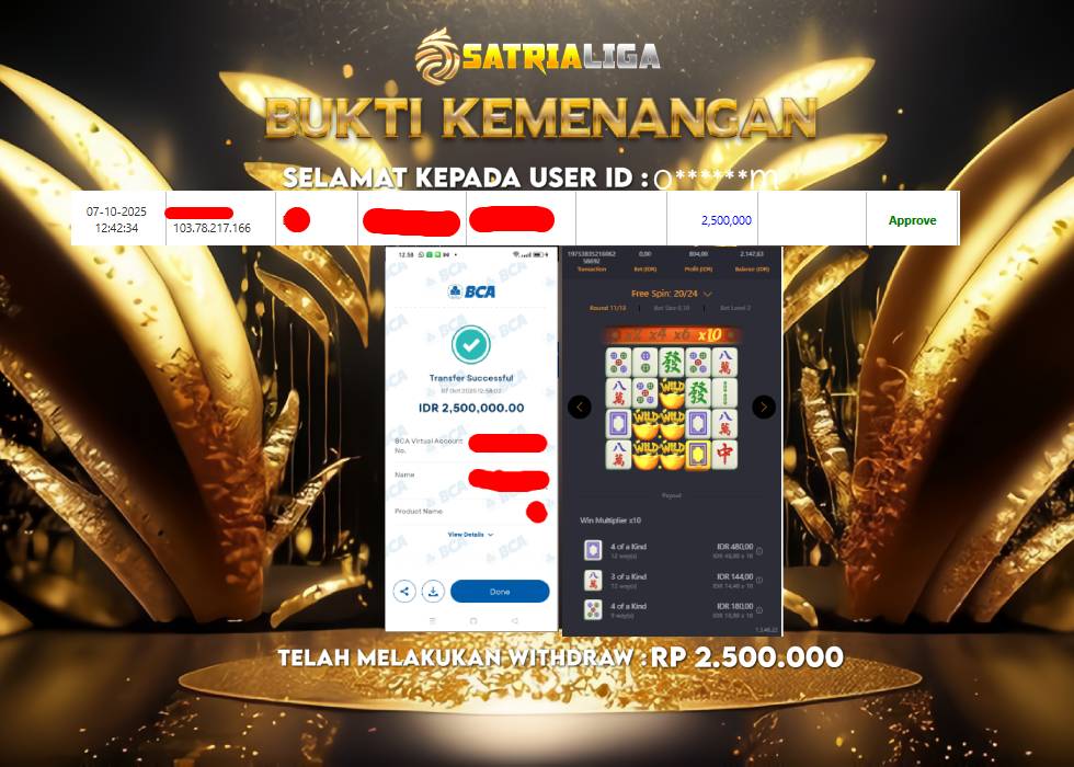 BUKTI KEMENANGAN MEMBER SATRIALIGA Rp 2.500.000