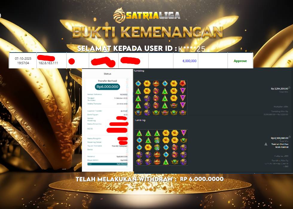 BUKTI KEMENANGAN MEMBER SATRIALIGA Rp 6.000.000
