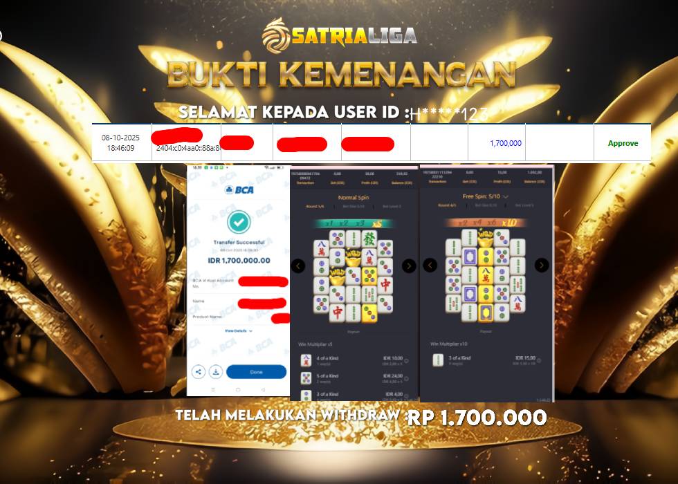BUKTI KEMENANGAN MEMBER SATRIALIGA Rp 1.700.000