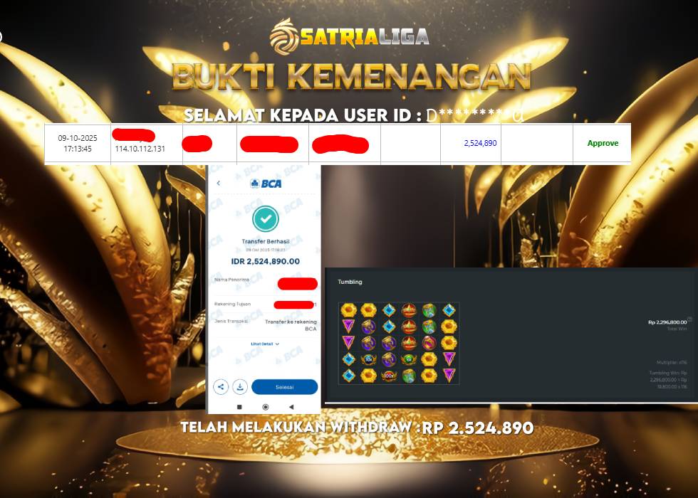 BUKTI KEMENANGAN MEMBER SATRIALIGA Rp 2.524.890