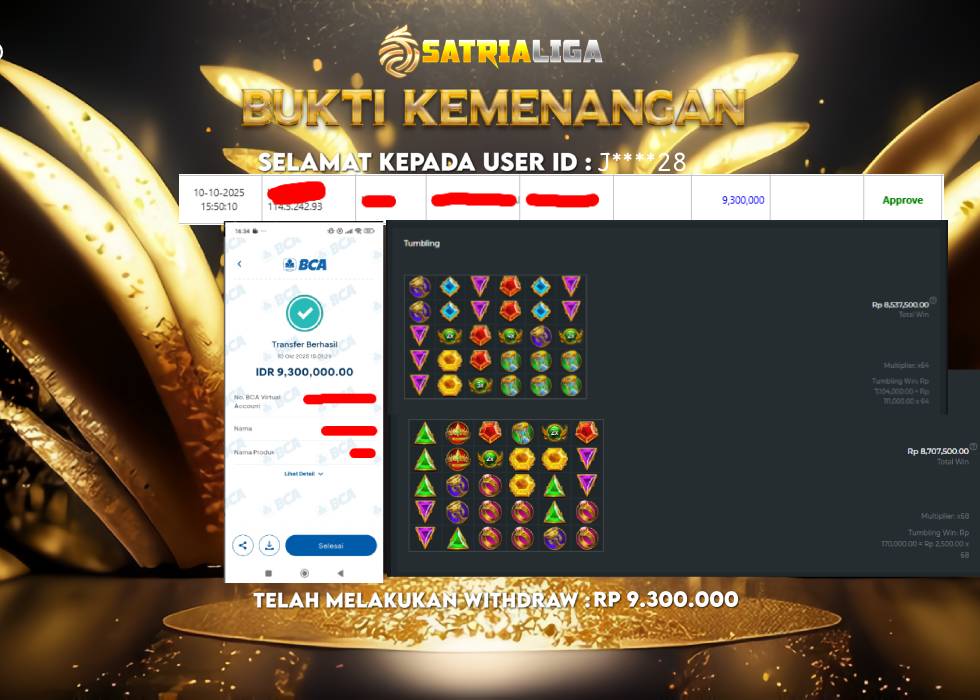 BUKTI KEMENANGAN MEMBER SATRIALIGA Rp 9.300.000