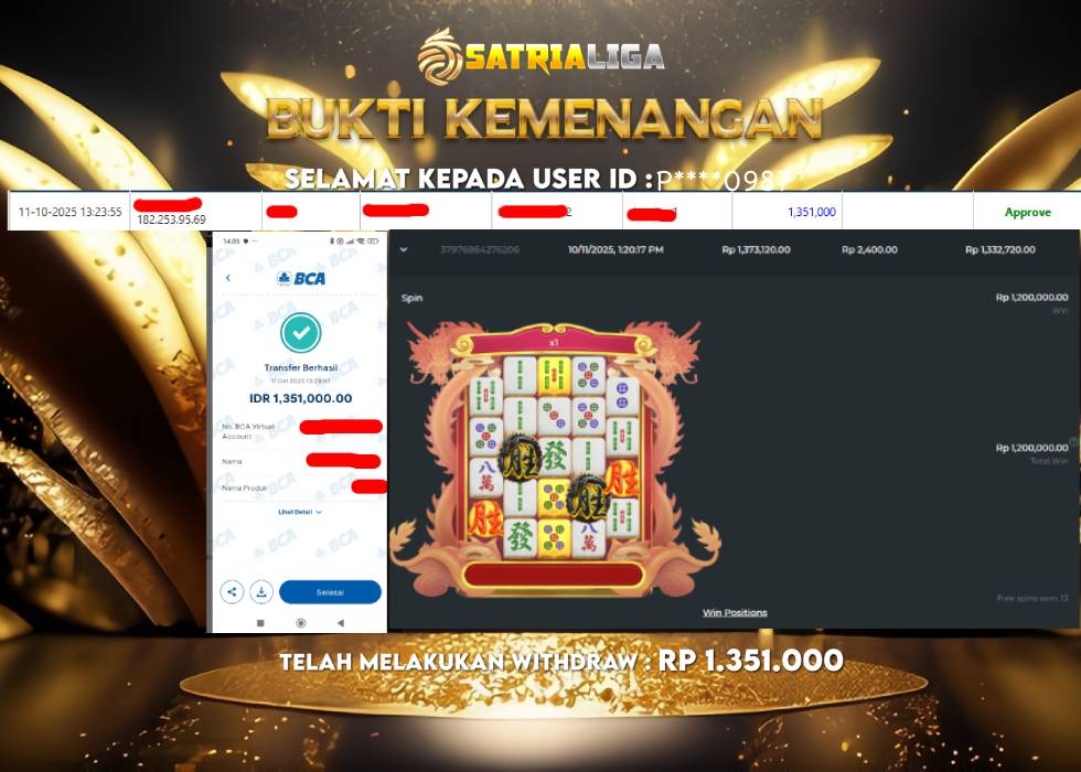 BUKTI KEMENANGAN MEMBER SATRIALIGA Rp 1.351.000