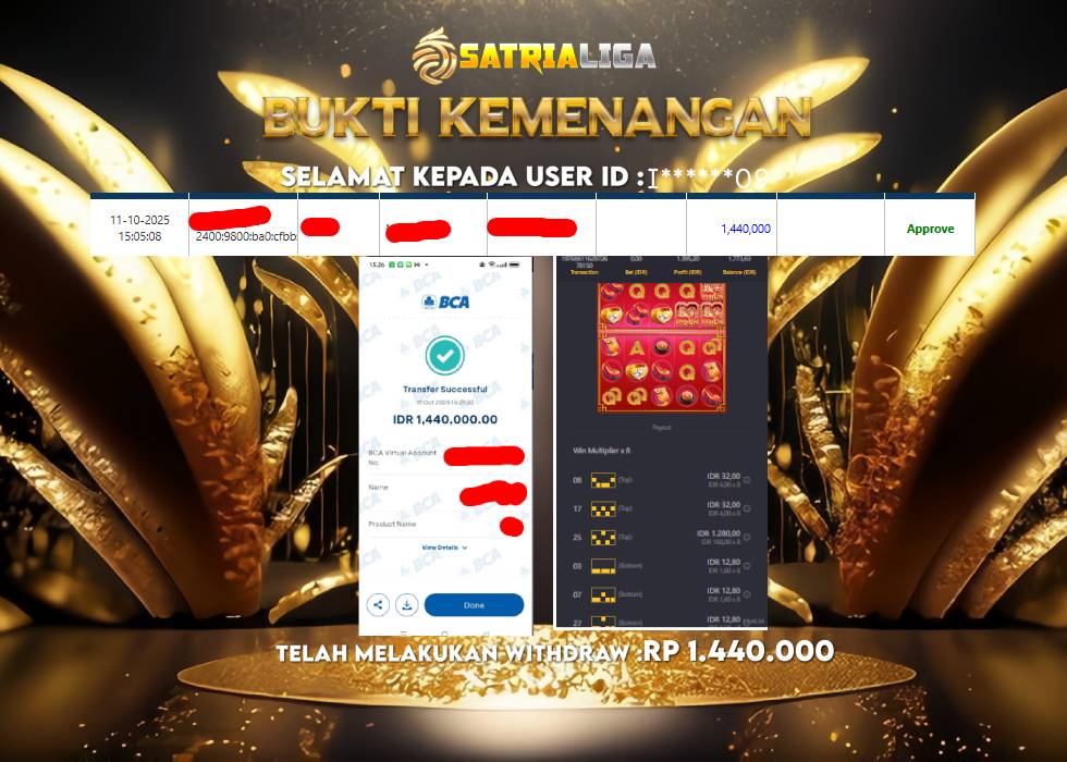 BUKTI KEMENANGAN MEMBER SATRIALIGA Rp 1.440.000