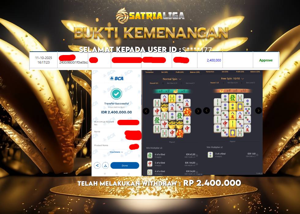 BUKTI KEMENANGAN MEMBER SATRIALIGA Rp 2.400.000