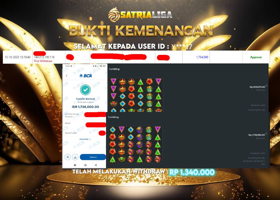 BUKTI KEMENANGAN MEMBER SATRIALIGA Rp 1.734.000
