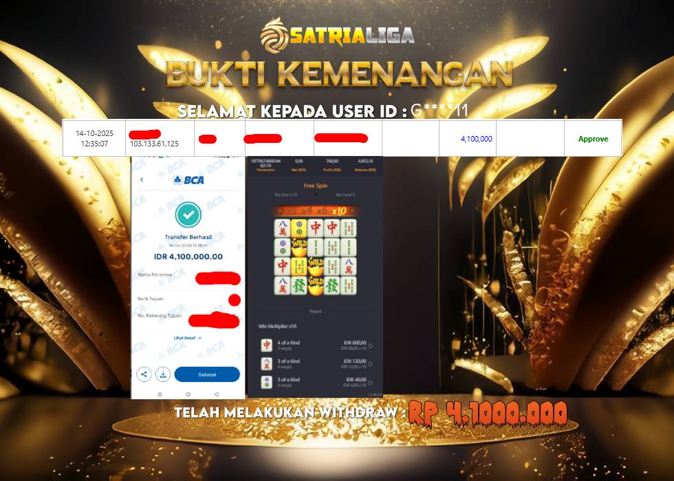 BUKTI KEMENANGAN MEMBER SATRIALIGA Rp 4.100.000