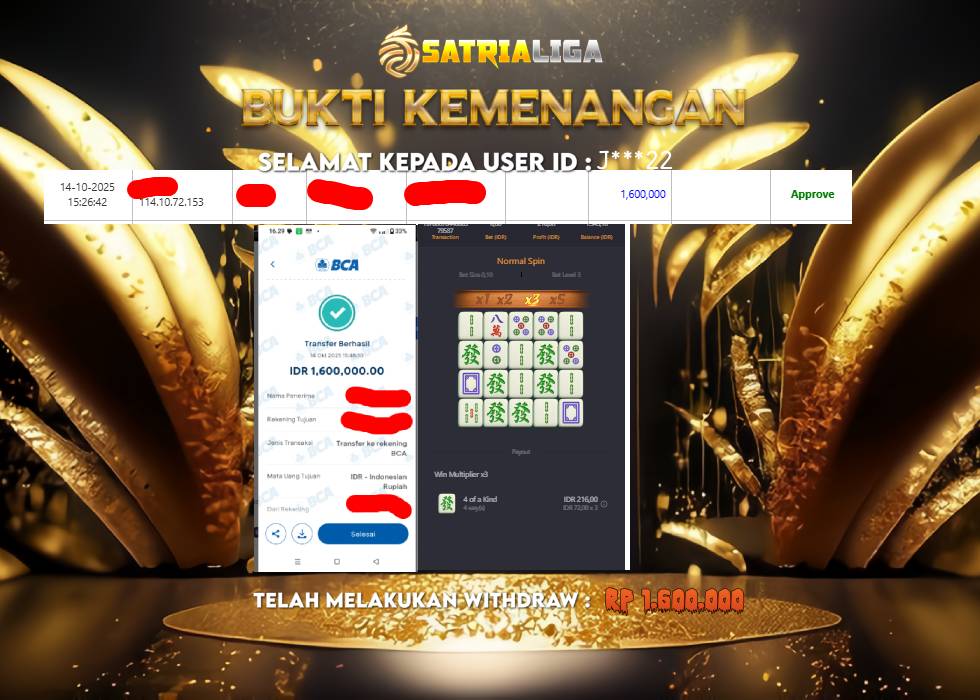 BUKTI KEMENANGAN MEMBER SATRIALIGA Rp 1.600.000