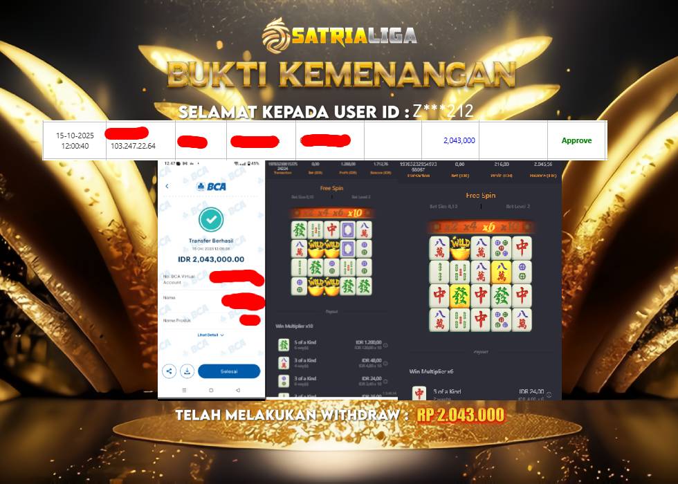 BUKTI KEMENANGAN MEMBER SATRIALIGA Rp 2.043.000