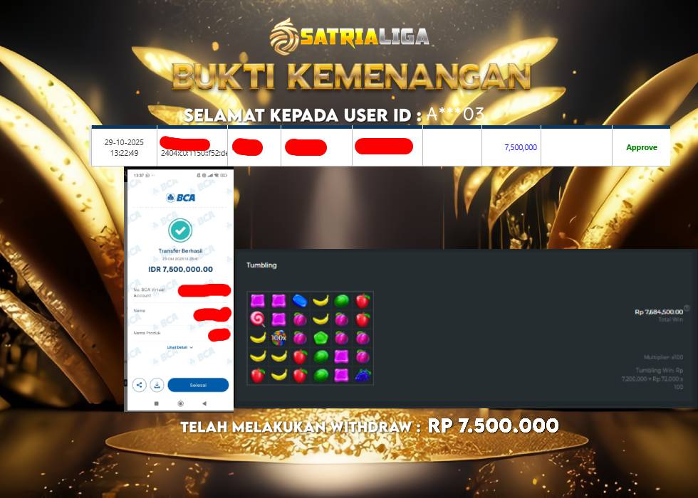 BUKTI KEMENANGAN MEMBER SATRIALIGA Rp 7.500.000
