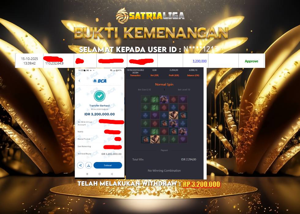 BUKTI KEMENANGAN MEMBER SATRIALIGA Rp 3.200.000
