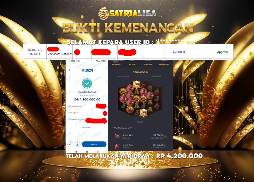 BUKTI KEMENANGAN MEMBER SATRIALIGA Rp 4.200.000