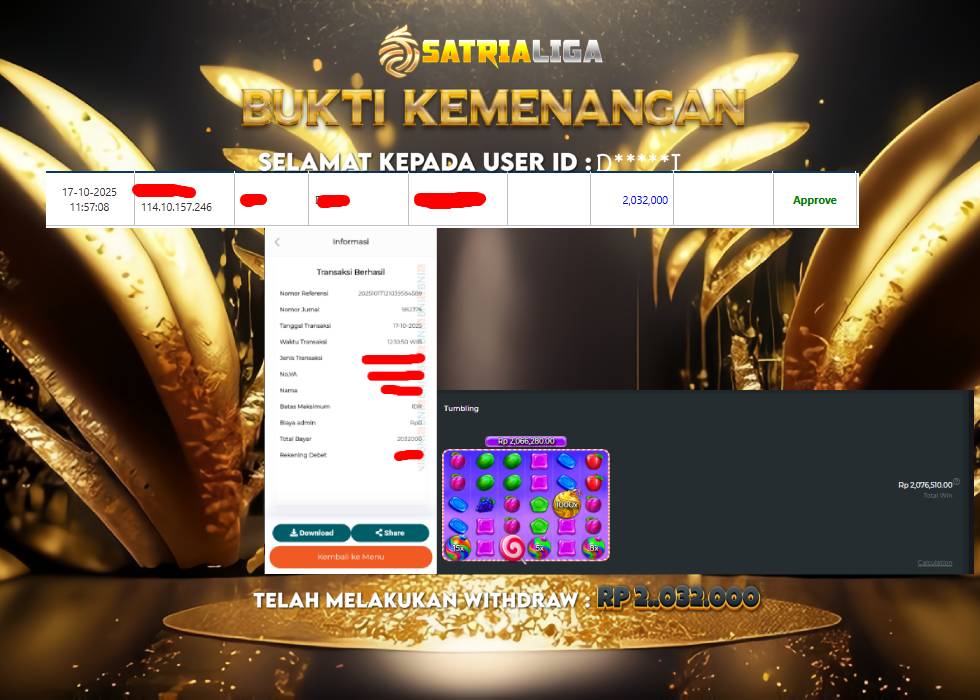 BUKTI KEMENANGAN MEMBER SATRIALIGA Rp 2.032.000