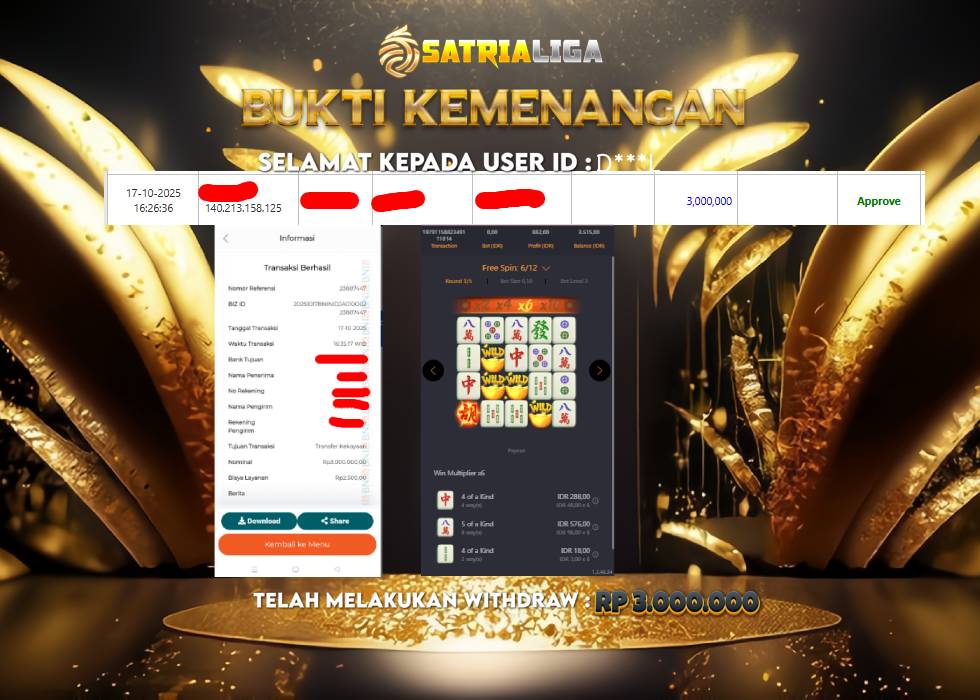 BUKTI KEMENANGAN MEMBER SATRIALIGA Rp 3.000.000