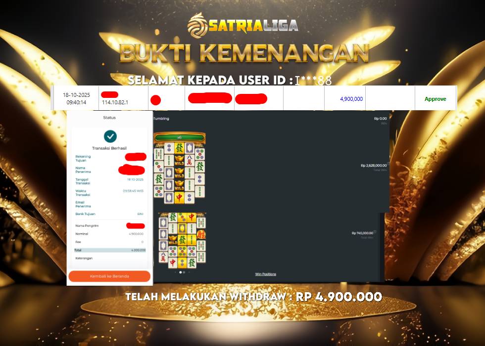 BUKTI KEMENANGAN MEMBER SATRIALIGA Rp 4.900.000