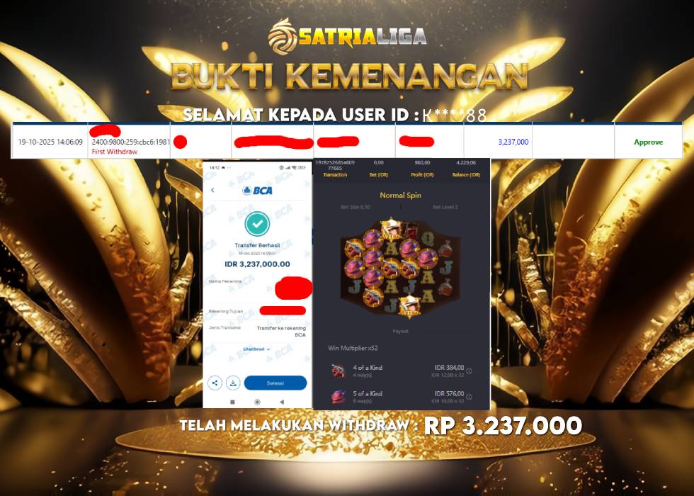 BUKTI KEMENANGAN MEMBER SATRIALIGA Rp 3.237.000