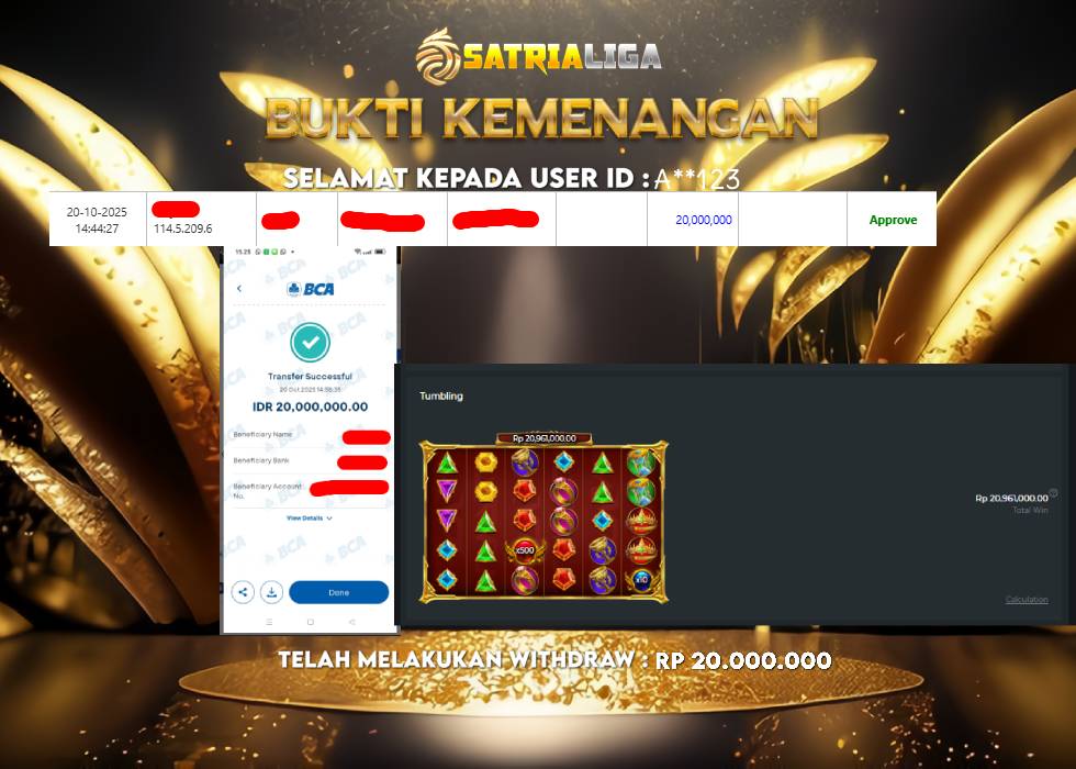 BUKTI KEMENANGAN MEMBER SATRIALIGA Rp 20.000.000