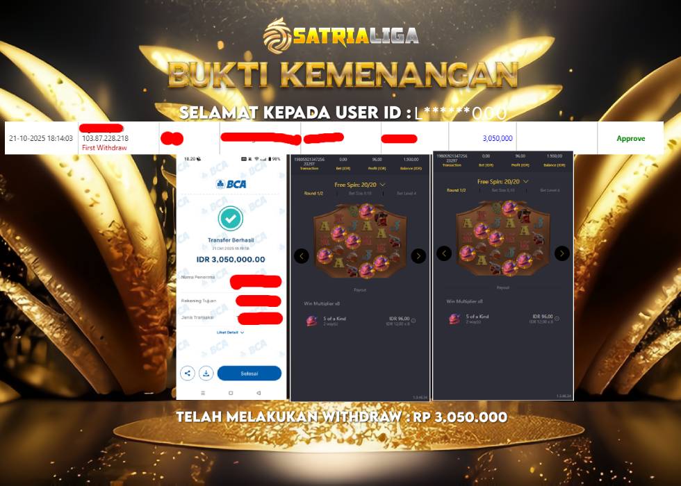 BUKTI KEMENANGAN MEMBER SATRIALIGA Rp 3.050.000