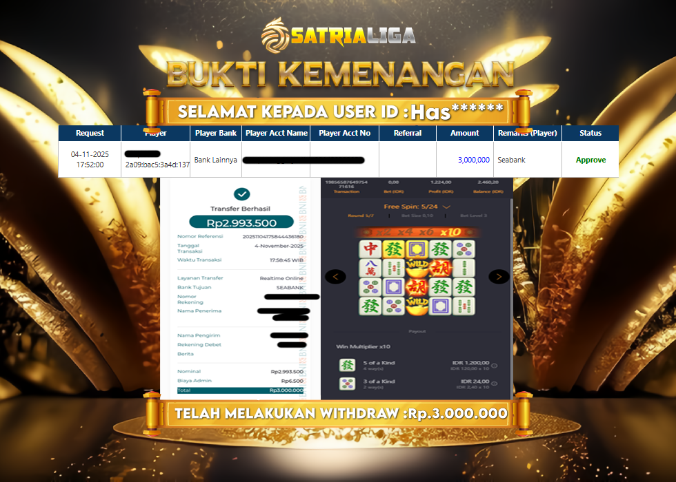 BUKTI KEMENANGAN MEMBER SATRIALIGA Rp 3.000.000