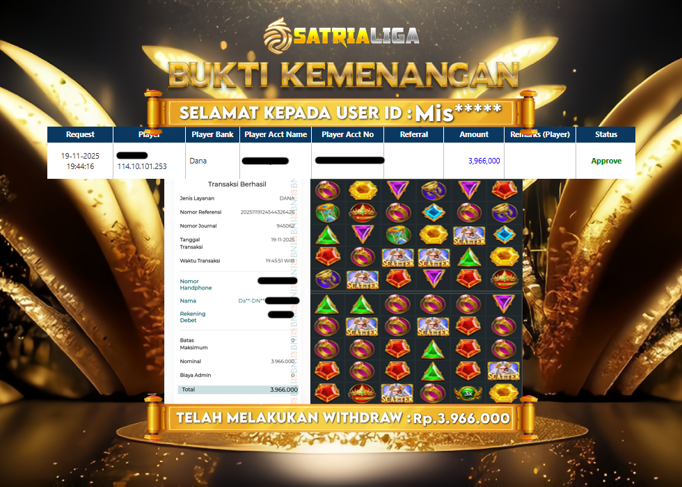 BUKTI KEMENANGAN MEMBER SATRIALIGA Rp 3.966.000